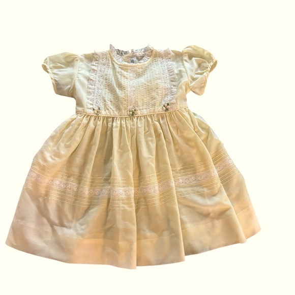 VTG Nanette 60’s Toddler Yellow Dress 2/3T Lace Puff Sleeve Empire Waist Bow - Picture 1 of 8
